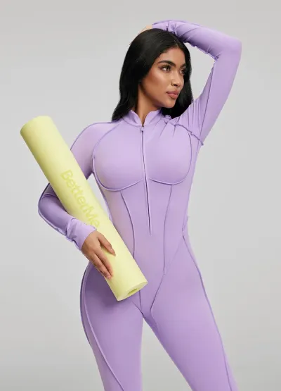 Women Fashion Sexy Solid Color Stripe Long Sleeve Zipper Slim-Fit Sports Jumpsuit
