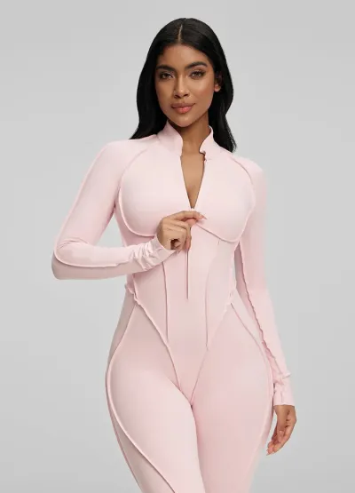 Women Fashion Sexy Solid Color Stripe Long Sleeve Zipper Slim-Fit Sports Jumpsuit