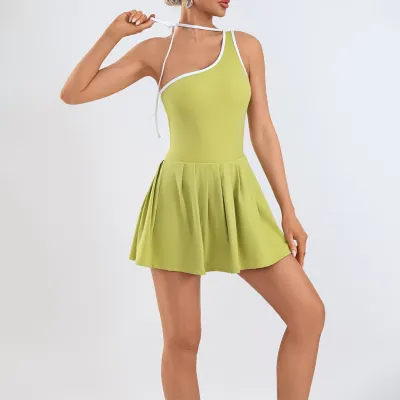 Women Fashion Sexy Slanted Shoulder Sleeveless Quick-Drying Sports Golf Tennis Dress