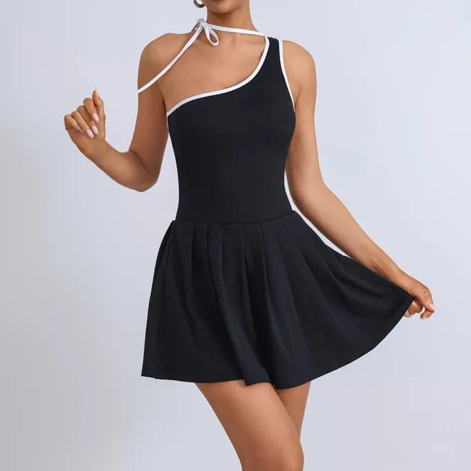 Women Fashion Sexy Slanted Shoulder Sleeveless Quick-Drying Sports Golf Tennis Dress