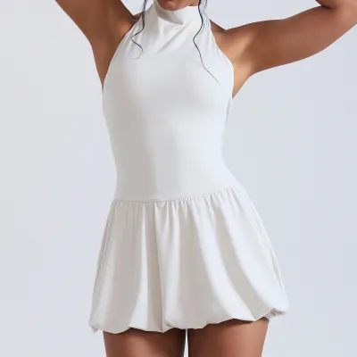 Women Fashion Sexy Solid Color High Neck Sleeveless Backless Quick-Drying Sports Golf Tennis Dress