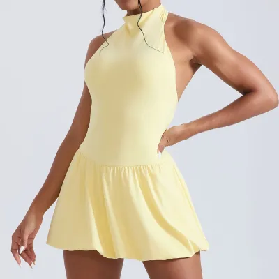 Women Fashion Sexy Solid Color High Neck Sleeveless Backless Quick-Drying Sports Golf Tennis Dress