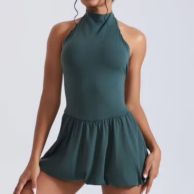 Women Fashion Sexy Solid Color High Neck Sleeveless Backless Quick-Drying Sports Golf Tennis Dress
