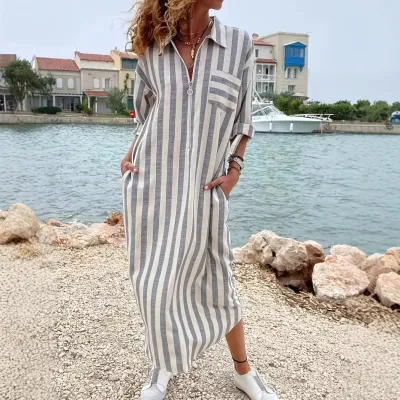 Women Elegant Casual Loose Stripe Print Polo Collar Maxi Dress