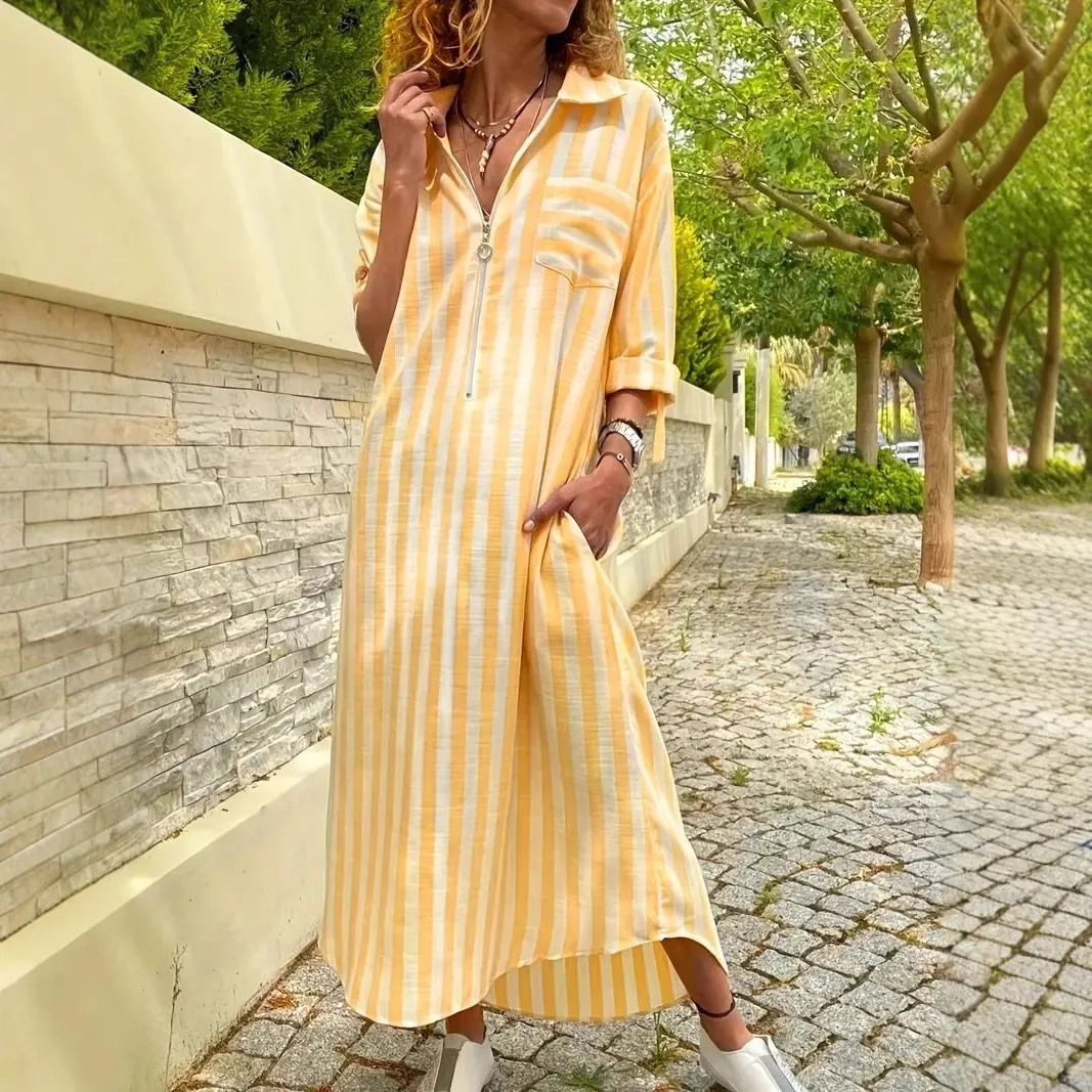 Women Elegant Casual Loose Stripe Print Polo Collar Maxi Dress
