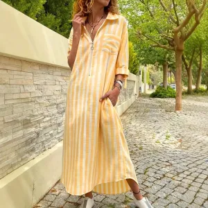 Women Elegant Casual Loose Stripe Print Polo Collar Maxi Dress