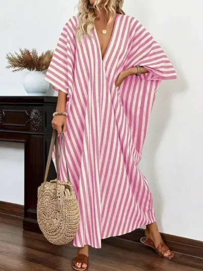 Women Casual Loose Stripe Print V-Neck Maxi Dress
