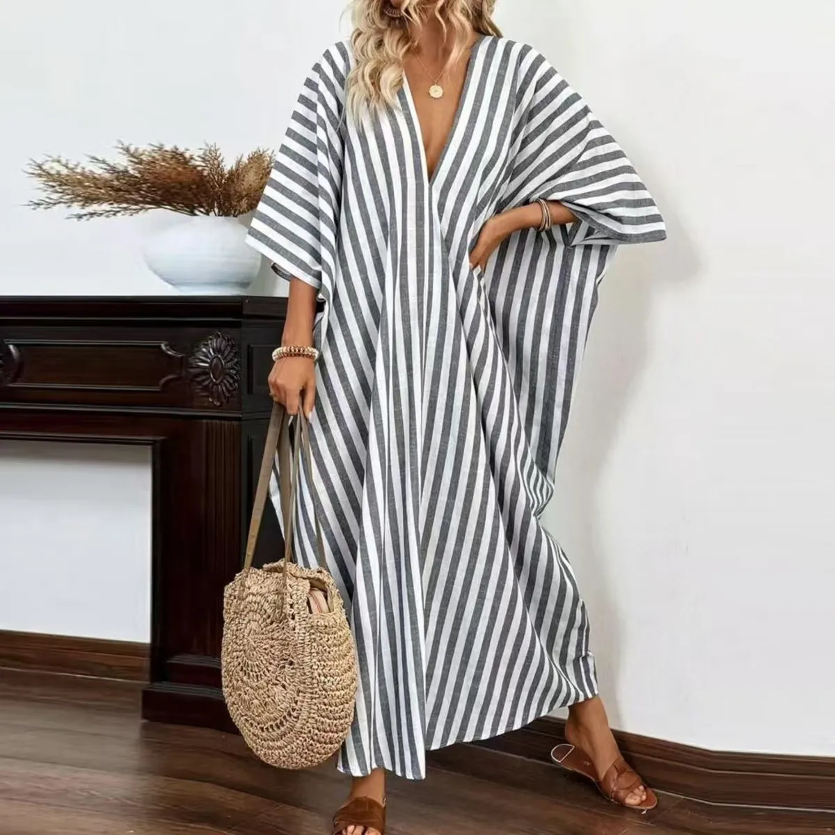 Women Casual Loose Stripe Print V-Neck Maxi Dress