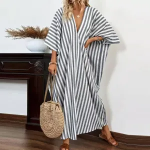 Women Casual Loose Stripe Print V-Neck Maxi Dress