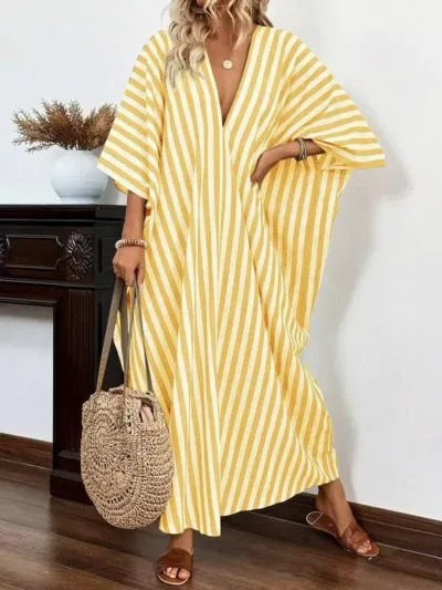 Women Casual Loose Stripe Print V-Neck Maxi Dress