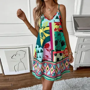 فستان صيفي نسائي كاجوال مطبوع بحمالات وفتحة رقبة على شكل حرف V