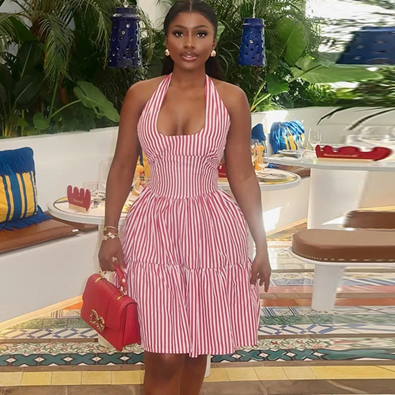 Women Fashion Stripe Print Halter Mini Dress