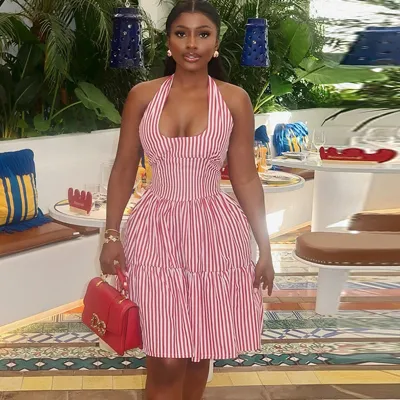 Women Fashion Stripe Print Halter Mini Dress