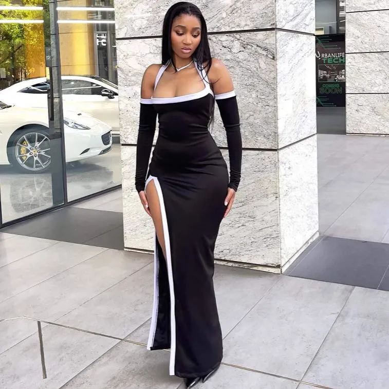 Summer Women Open-Shoulder Side Slit Bodycon Maxi Dress