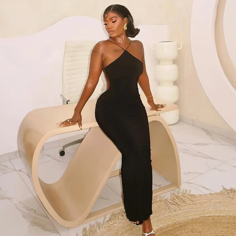 Summer Women Elegant Solid Color Sleeveless Backless Bodycon Maxi Dress