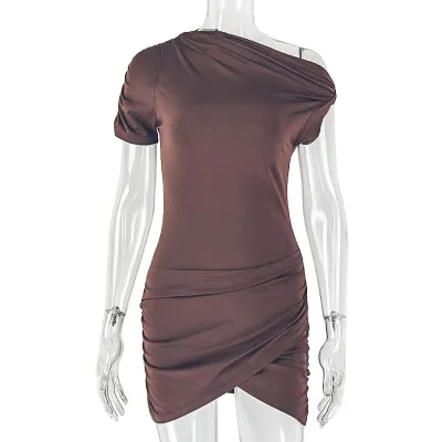 Summer Women Sexy Solid Color One Shoulder Irregular Hem Bodycon Mini Dress