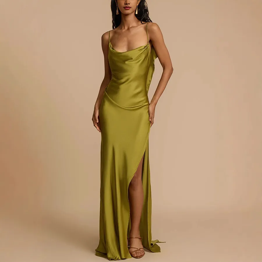 Women Elegant Solid Color Side Slit Strap Bodycon Maxi Dress