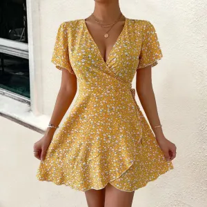 Summer Women Casual Tiny Flower-Print Ruffle Wrap Dress