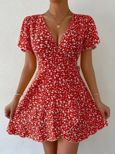 Summer Women Casual Tiny Flower-Print Ruffle Wrap Dress