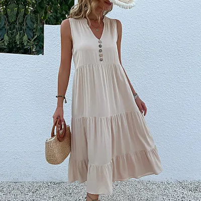 Women Summer Solid Color Sleeveless Loose Casual Midi Dress