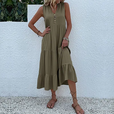 Women Summer Solid Color Sleeveless Loose Casual Midi Dress