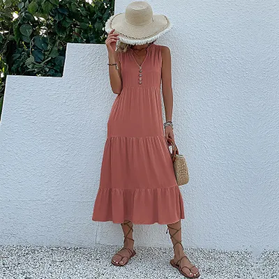 Women Summer Solid Color Sleeveless Loose Casual Midi Dress