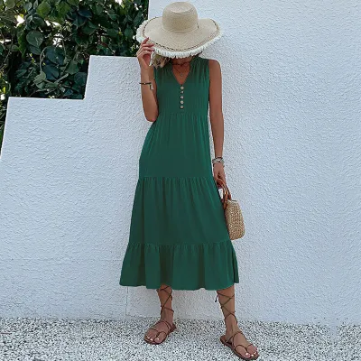 Women Summer Solid Color Sleeveless Loose Casual Midi Dress