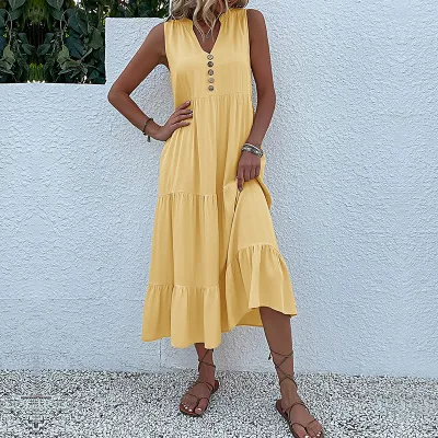 Women Summer Solid Color Sleeveless Loose Casual Midi Dress