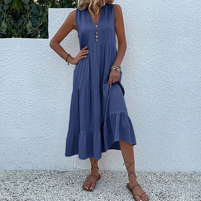Women Summer Solid Color Sleeveless Loose Casual Midi Dress