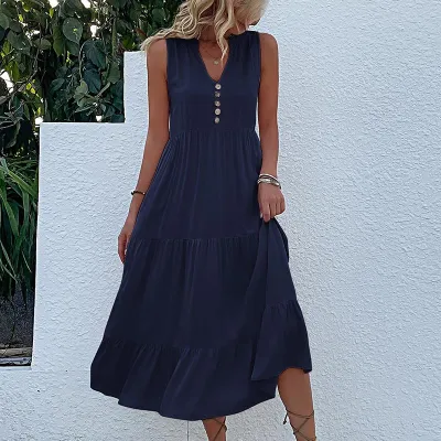 Women Summer Solid Color Sleeveless Loose Casual Midi Dress