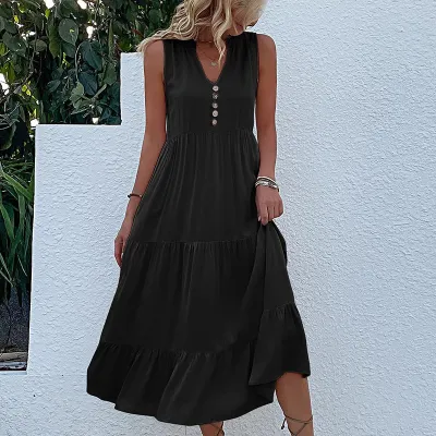 Women Summer Solid Color Sleeveless Loose Casual Midi Dress