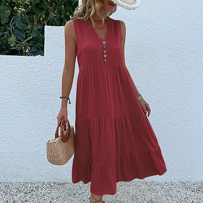 Women Summer Solid Color Sleeveless Loose Casual Midi Dress