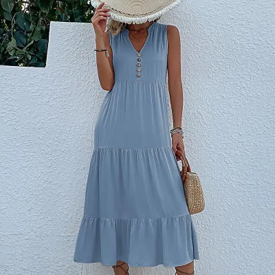 Women Summer Solid Color Sleeveless Loose Casual Midi Dress