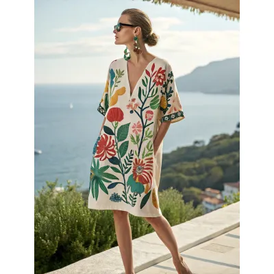 Women Summer Casual Loose Printed V-Neck Vacation Dress
