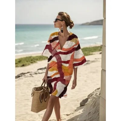 Women Summer Casual Loose Printed V-Neck Vacation Dress