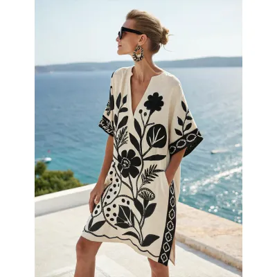 Women Summer Casual Loose Printed V-Neck Vacation Dress