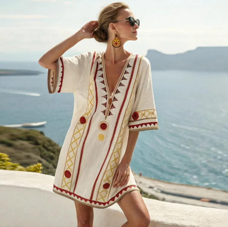 Women Summer Casual Loose Printed V-Neck Vacation Dress