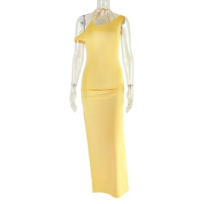 Women Sexy Solid Color Slant Shoulder Bodycon Maxi Dress
