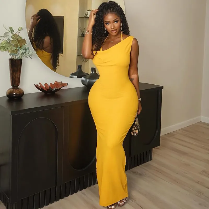 Women Sexy Solid Color Slant Shoulder Bodycon Maxi Dress