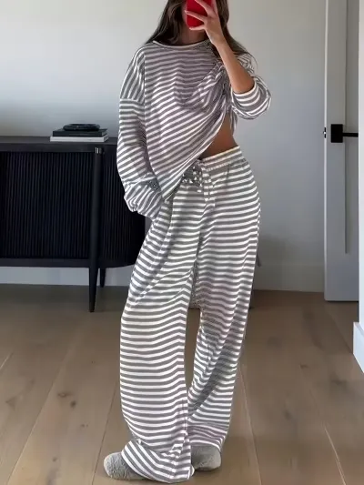 Women Fashion Casual Stripe Long Sleeve T-Shirt High Waist Pants Two-Piece Set