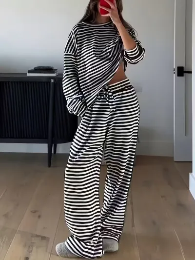 Women Fashion Casual Stripe Long Sleeve T-Shirt High Waist Pants Two-Piece Set
