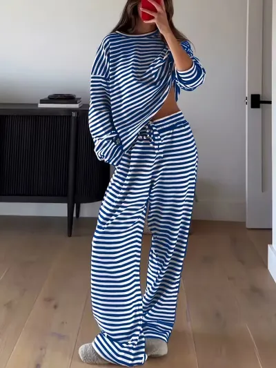 Women Fashion Casual Stripe Long Sleeve T-Shirt High Waist Pants Two-Piece Set