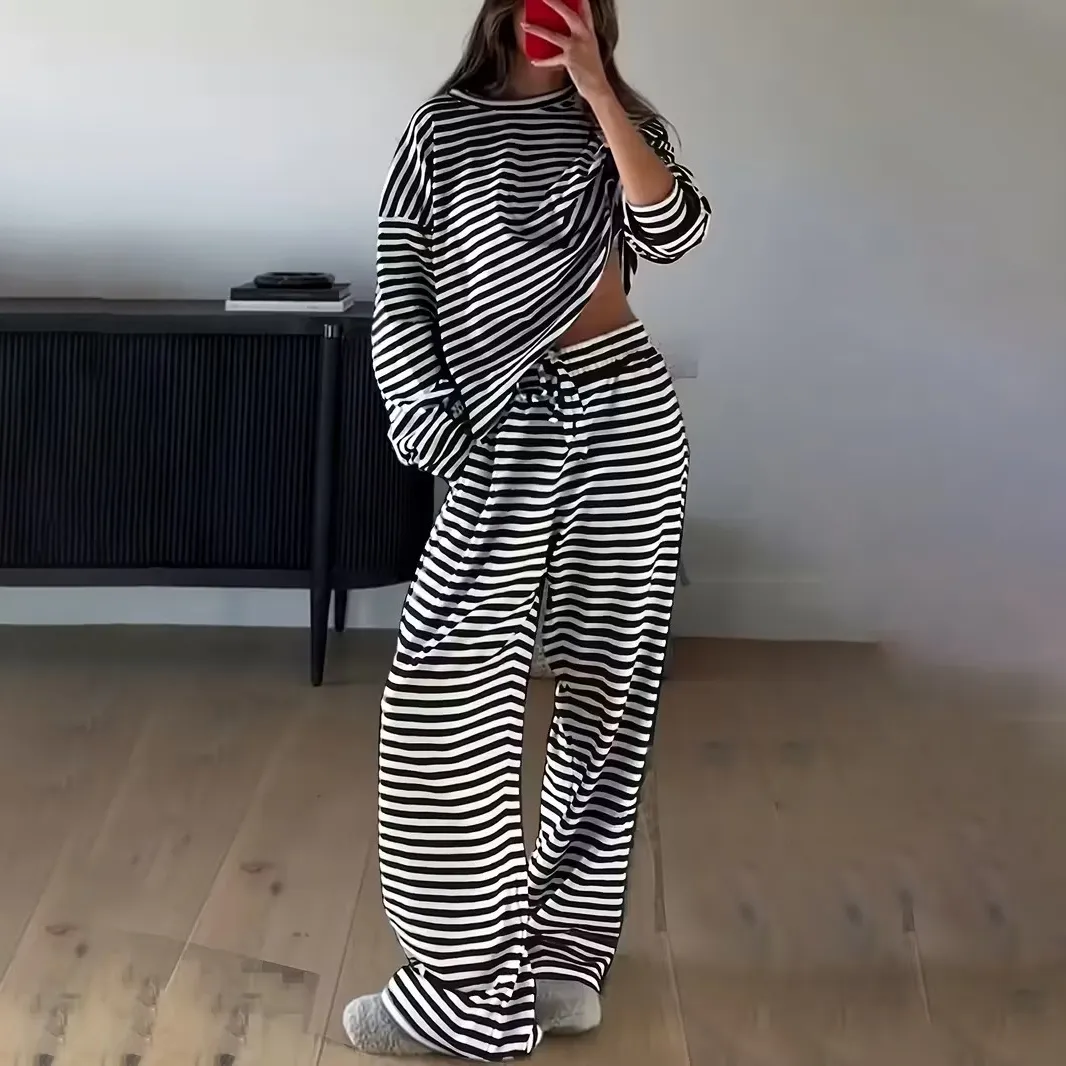 Women Fashion Casual Stripe Long Sleeve T-Shirt High Waist Pants Two-Piece Set