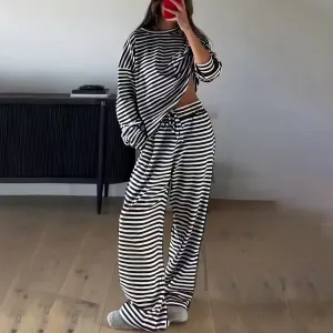 Women Fashion Casual Stripe Long Sleeve T-Shirt High Waist Pants Two-Piece Set