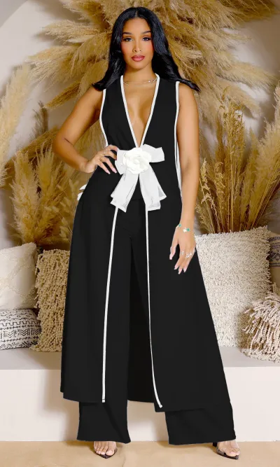 Women Fashion Camellia Bowknot Sleeveless Long Tank Top Wide Leg Pants Two-Piece Set