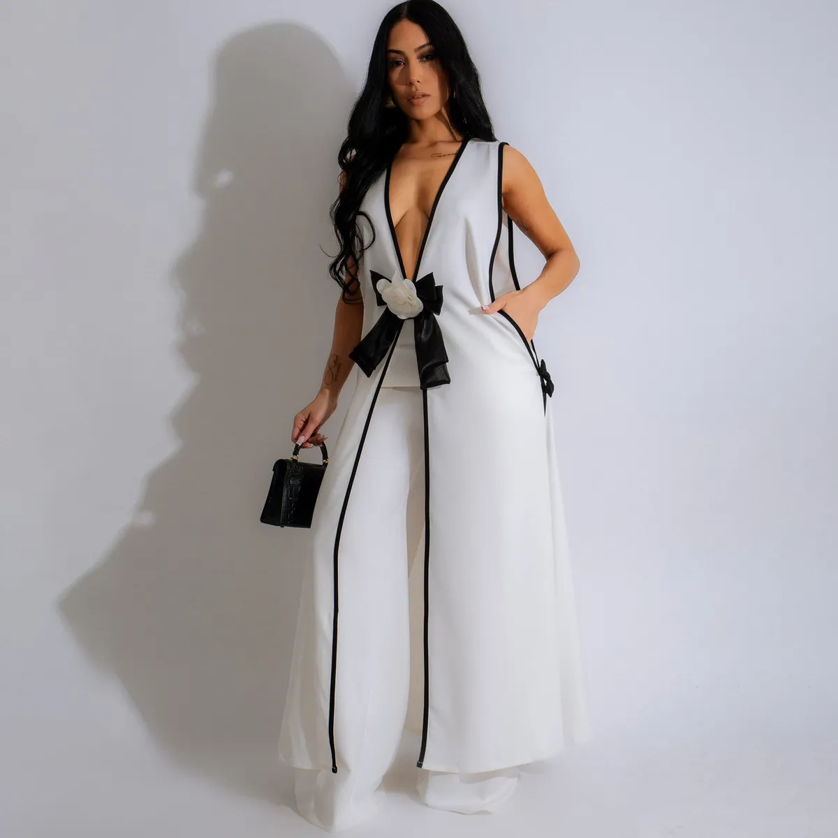 Women Fashion Camellia Bowknot Sleeveless Long Tank Top Wide Leg Pants Two-Piece Set