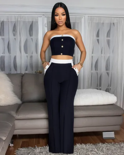 Women Fashion Sexy Color-Matching Button Tube Top High Waist Straight Wide Leg Pants Two-Piece Set