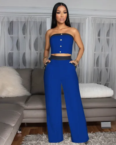 Women Fashion Sexy Color-Matching Button Tube Top High Waist Straight Wide Leg Pants Two-Piece Set