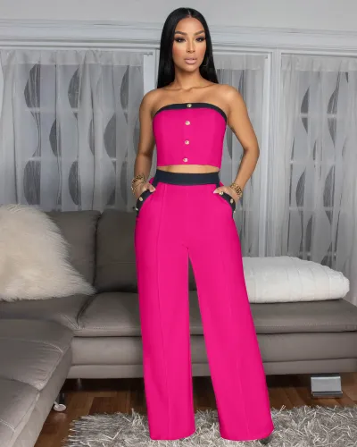 Women Fashion Sexy Color-Matching Button Tube Top High Waist Straight Wide Leg Pants Two-Piece Set
