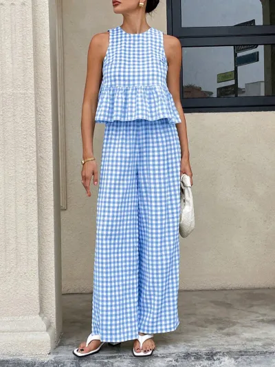 Women Fashion Casual Plaid Round Neck Sleeveless Ruffled Tank Top Loose Pants Two-Piece Set